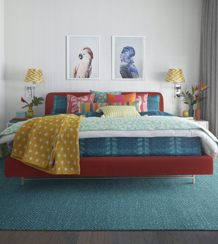 Bedroom with FLOR area rug Open Invitation shown in Turquoise